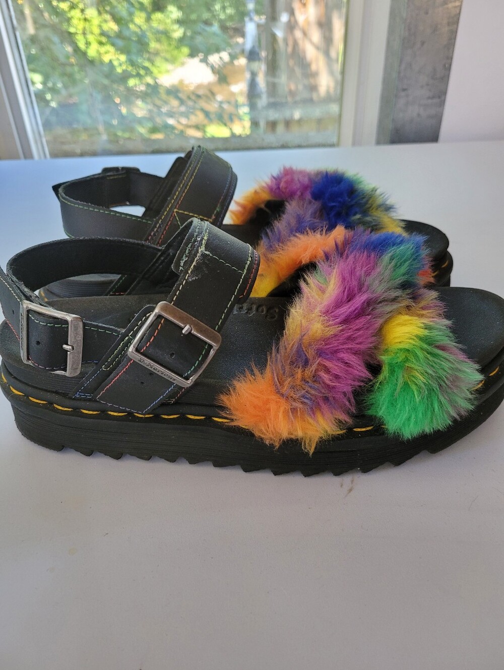 Dr. Martens 10 Black Platform Sandals with Rainbow Faux Fur Straps